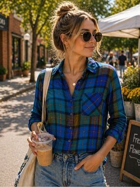 ANTHROPOLOGIE x Cloth & Stone Plaid Button Down XS Blue Green Rayon XXS Fit